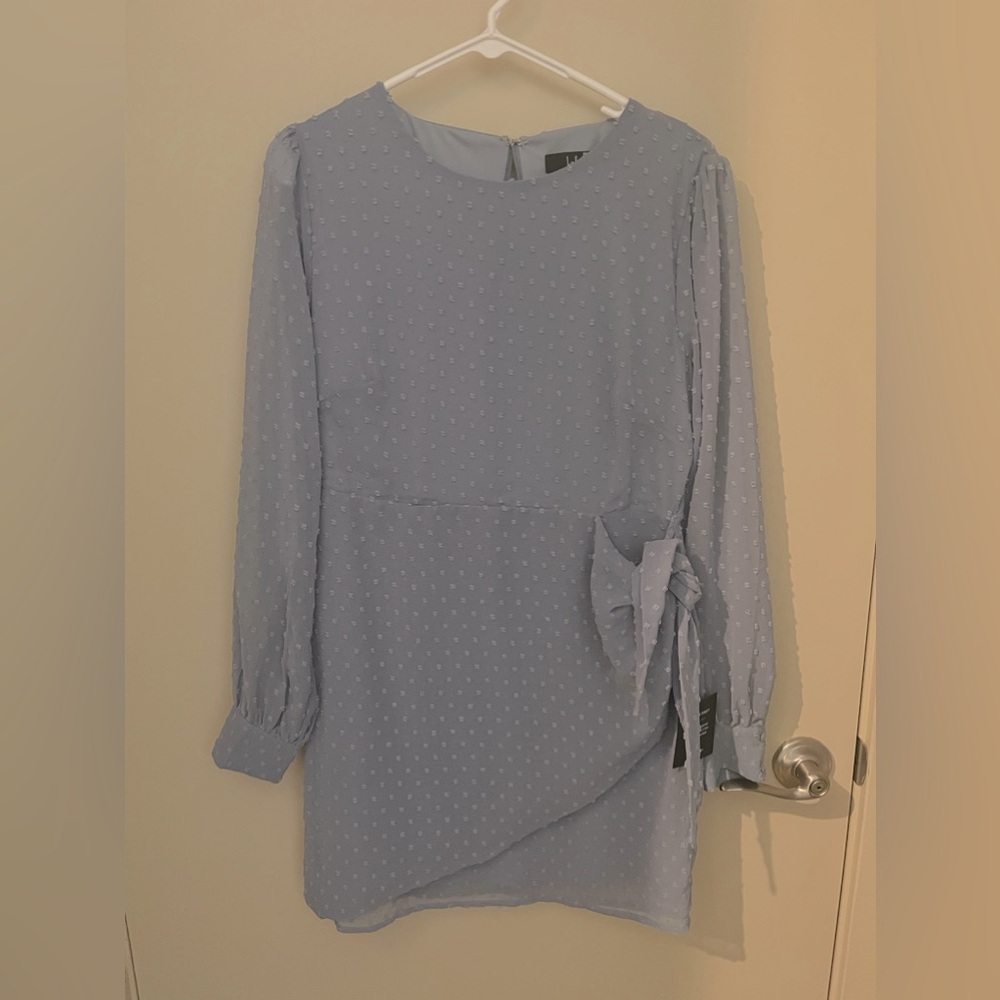 Blue Swiss Dot Long Sleeve Tie-Front Mini Dress